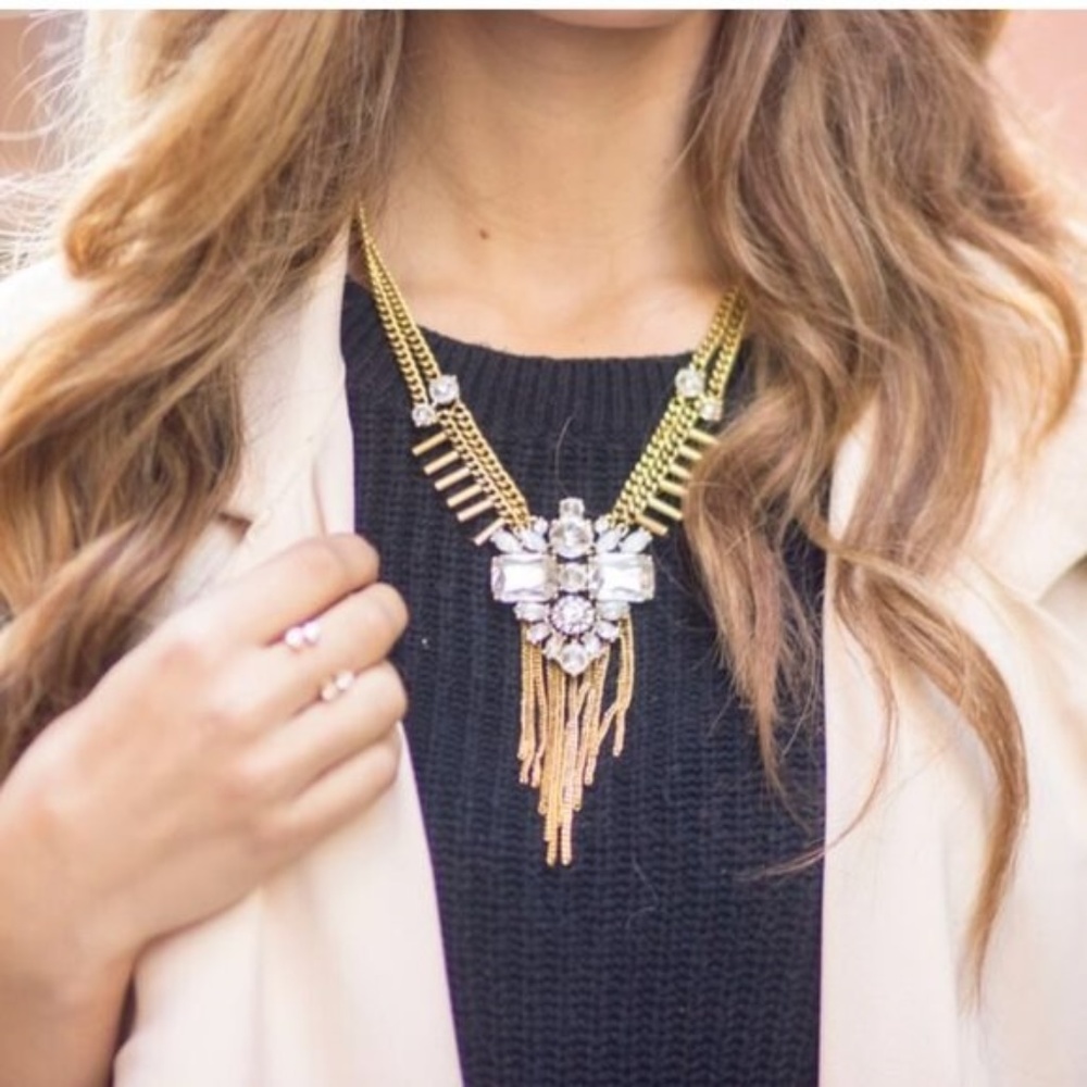 Crystal Brooch Gold Tassel Necklace- N991G